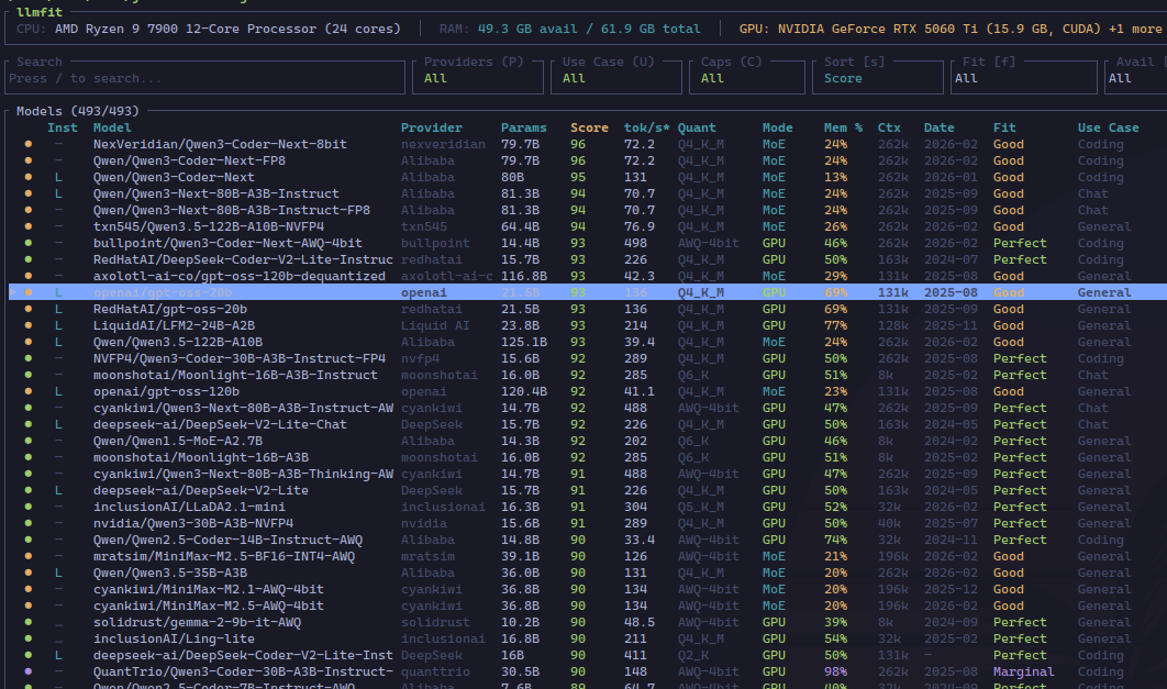 llmfit running on my Linux box